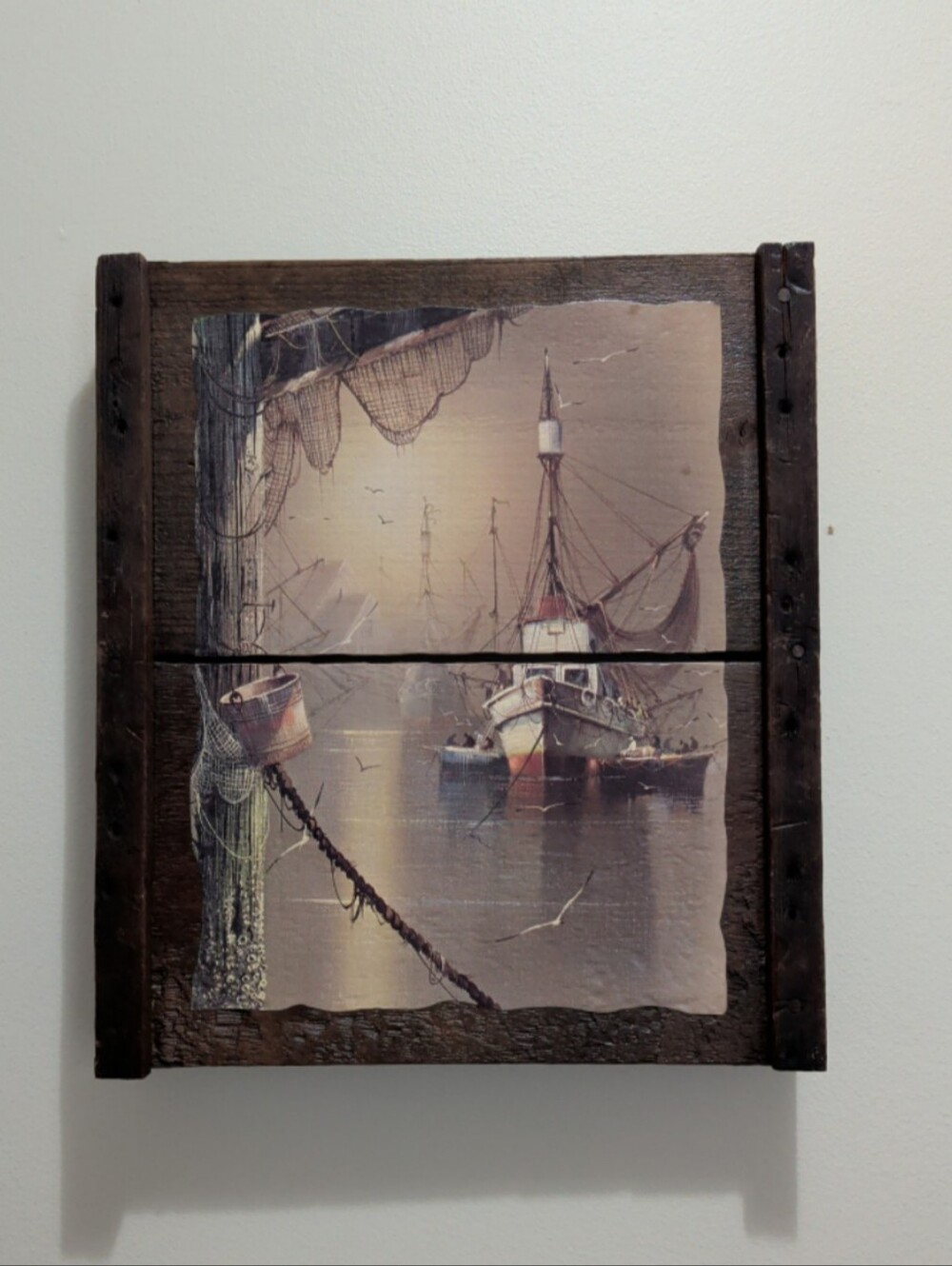 Vintage Weathered Grape Tray Handmade Decoupaged with Fishing Trawler Print